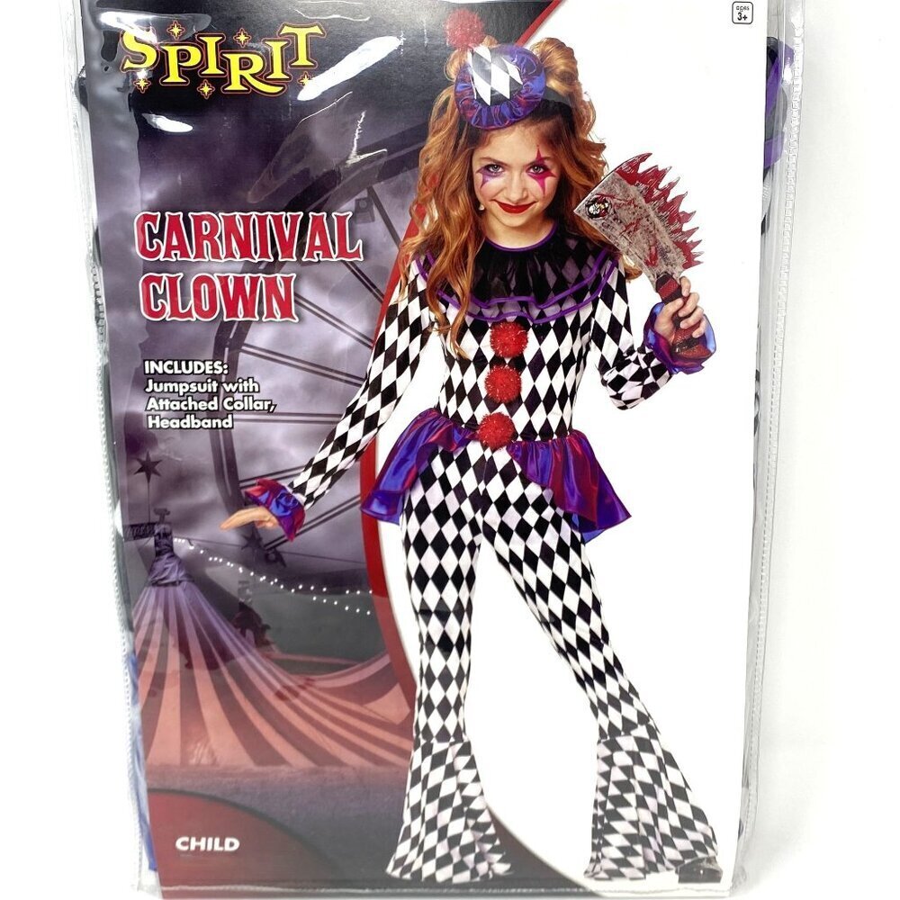 Spirit Halloween Kids Carnival Clown Costume Jumpsuit Collar Headband Hat - Picture 5 of 7